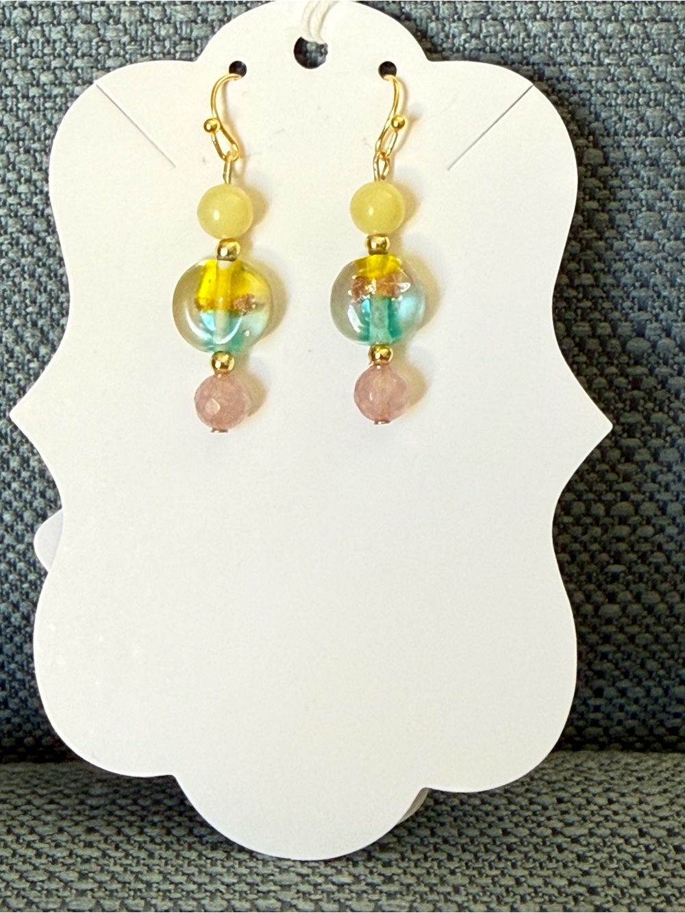 Vintage Beaded  Drop Earrings with Yellow, Aqua & Pink Beads Accents